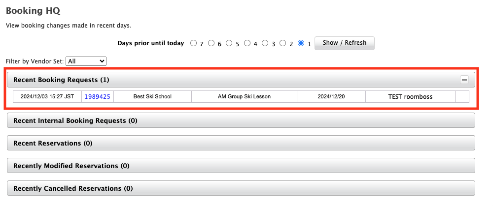 1 REQUEST Booking on Booking HQ page