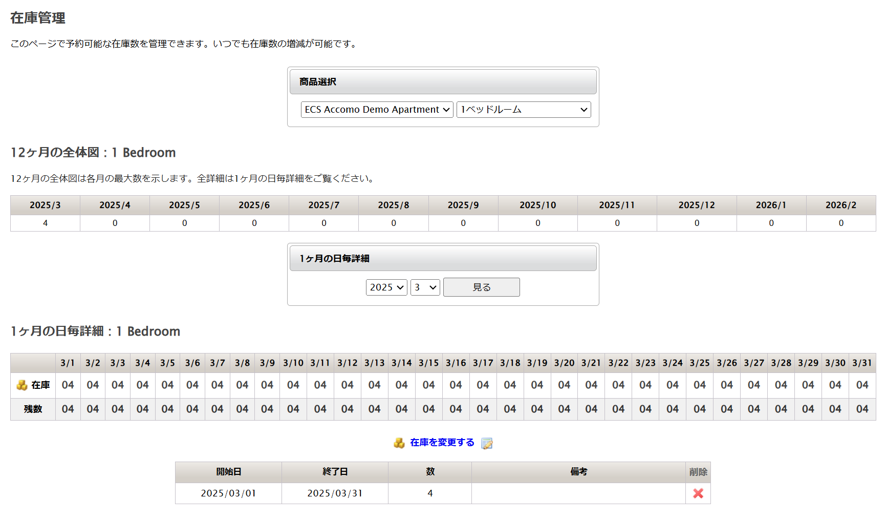 このページでは、部屋の在庫を追加・削除できます。 在庫はユーザーが管理し、各部屋タイプごとに個別に設定されます。 在庫の追加・削除はいつでも可能です。