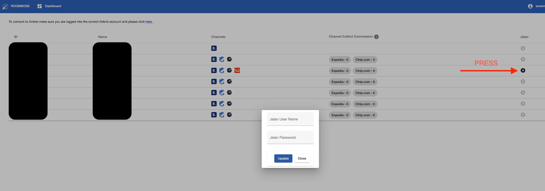 An example of the RoomBoss Channel Manager Dashboard.